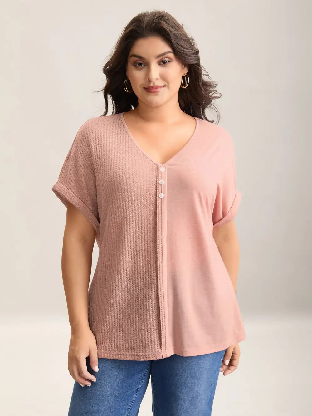 Textured Button Detail Spliced T-Shirt
