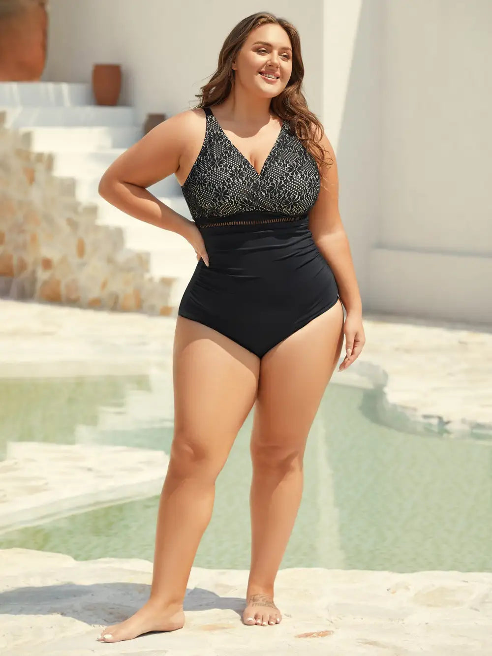 Ribbon Lace Trim One-Piece Swimsuit
