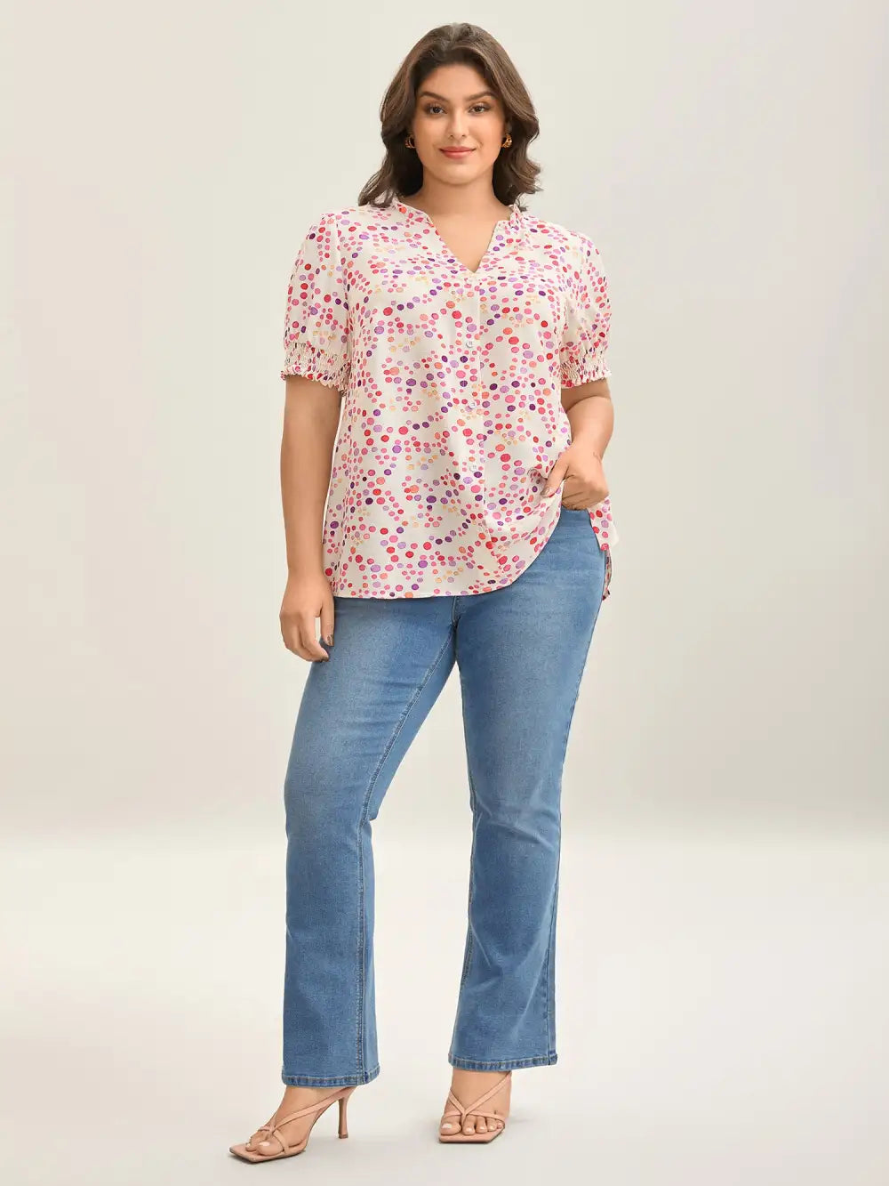 Pretty Polka Dots Shirred Sleeve Shirt