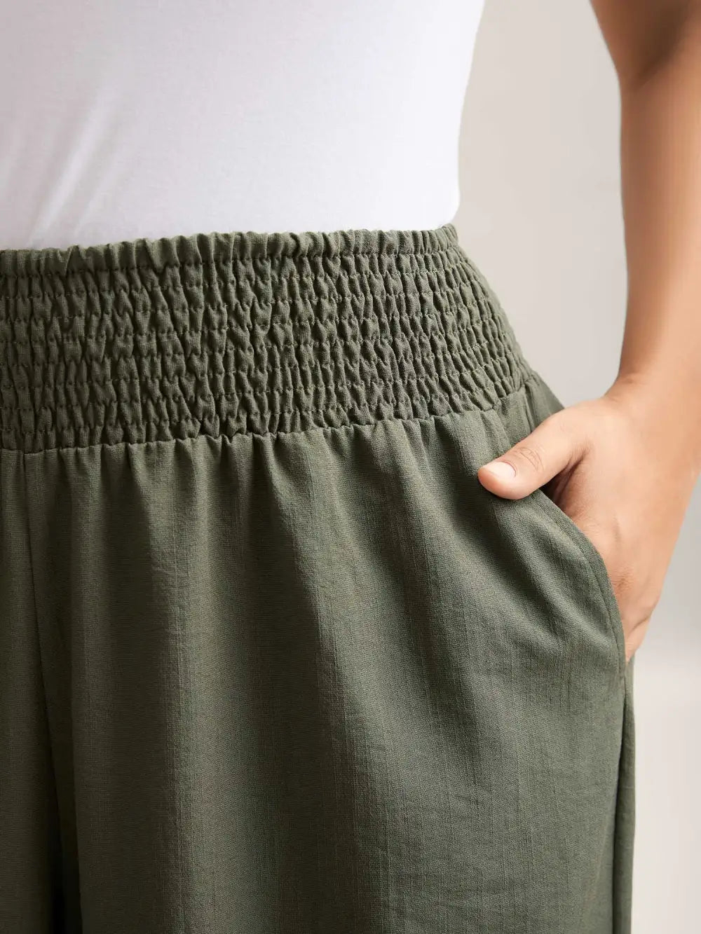 Shirred Waist Wide-Leg Solid Pants
