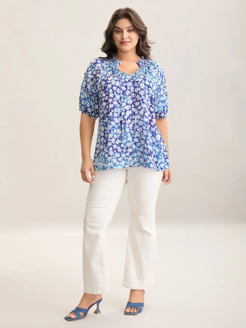 Cloud Print Shirred Collar Tiered Sleeve Blouse