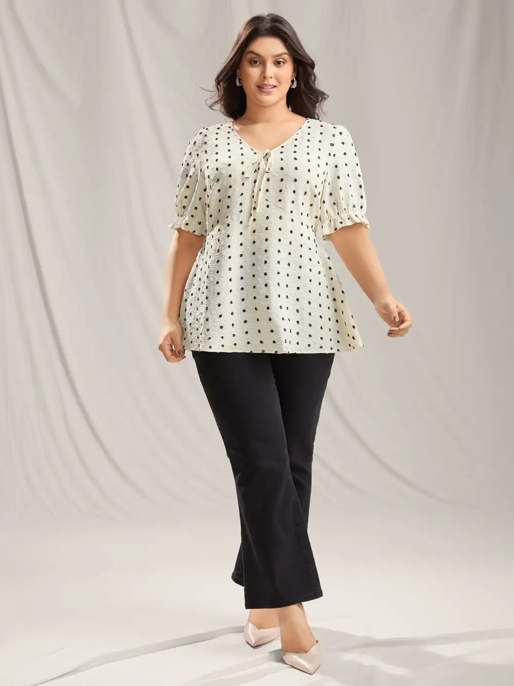 Polka Dots Print Neck Tie Blouse