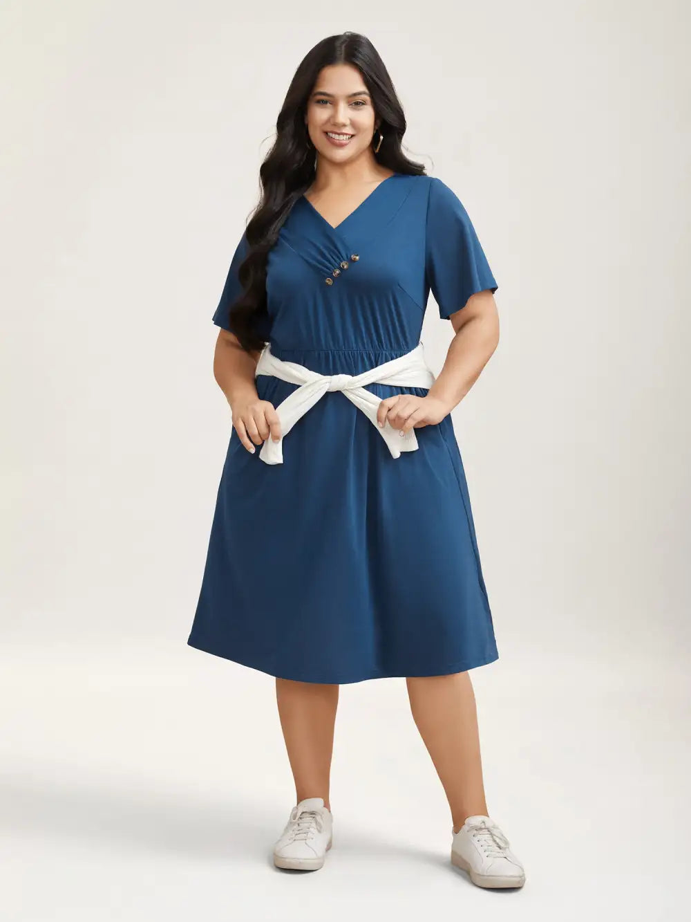 Button Detail Pleated Pockets Midi Dress