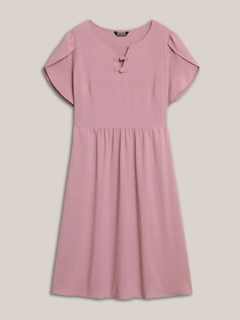 Textured Split Neck Button Plain Midi Dress