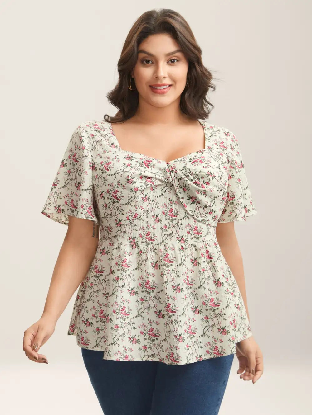 Knotted Floral Print Flared Sleeve Blouse