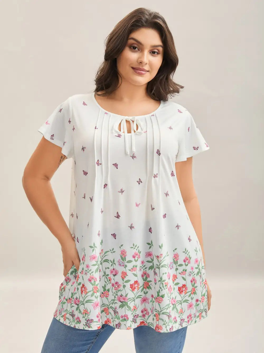 Butterfly Garden Print Neck-Tie Top