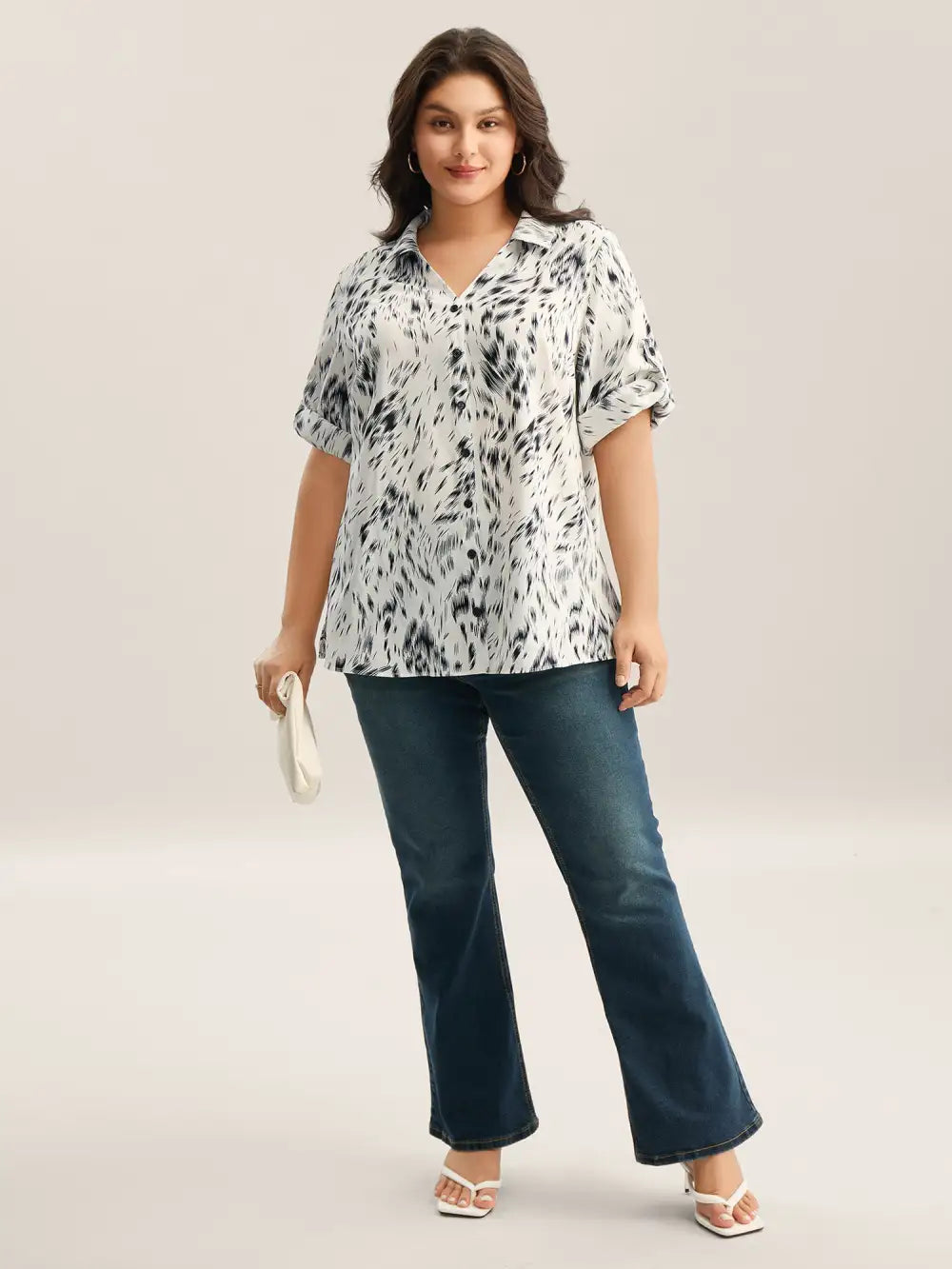 Zebra Print Tab Sleeve Shirt Collar Blouse