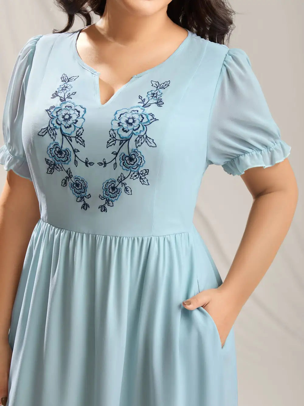 Embroidered Sheer Chiffon Pockets Midi Dress