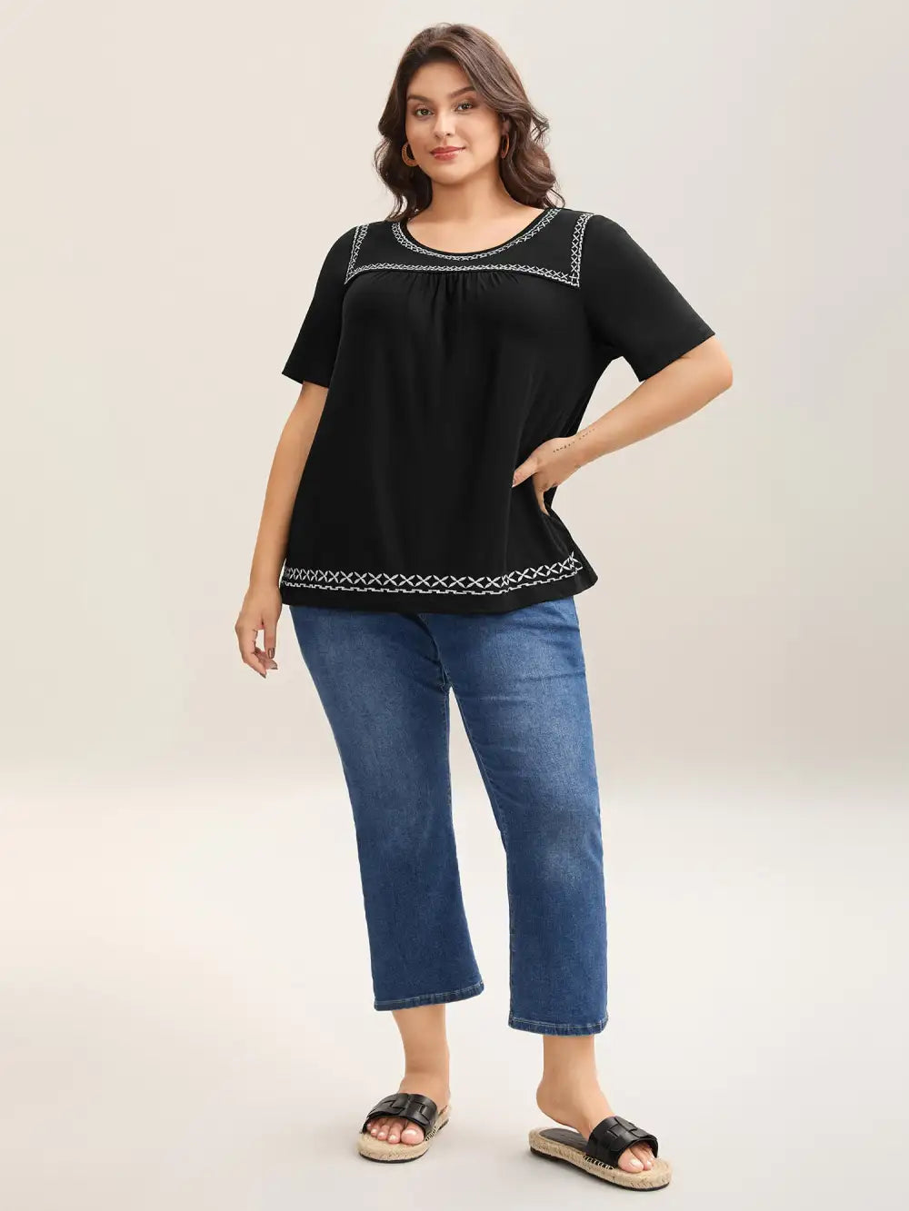 Crisscross Embroidery Straight-Fit T-Shirt