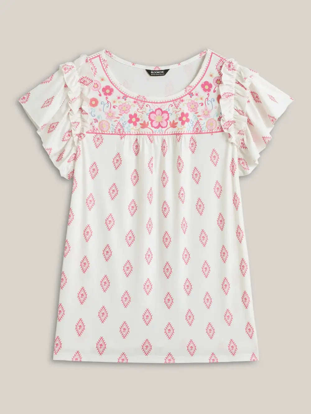 Boho Print Ruffled Sleeve Sheer Top