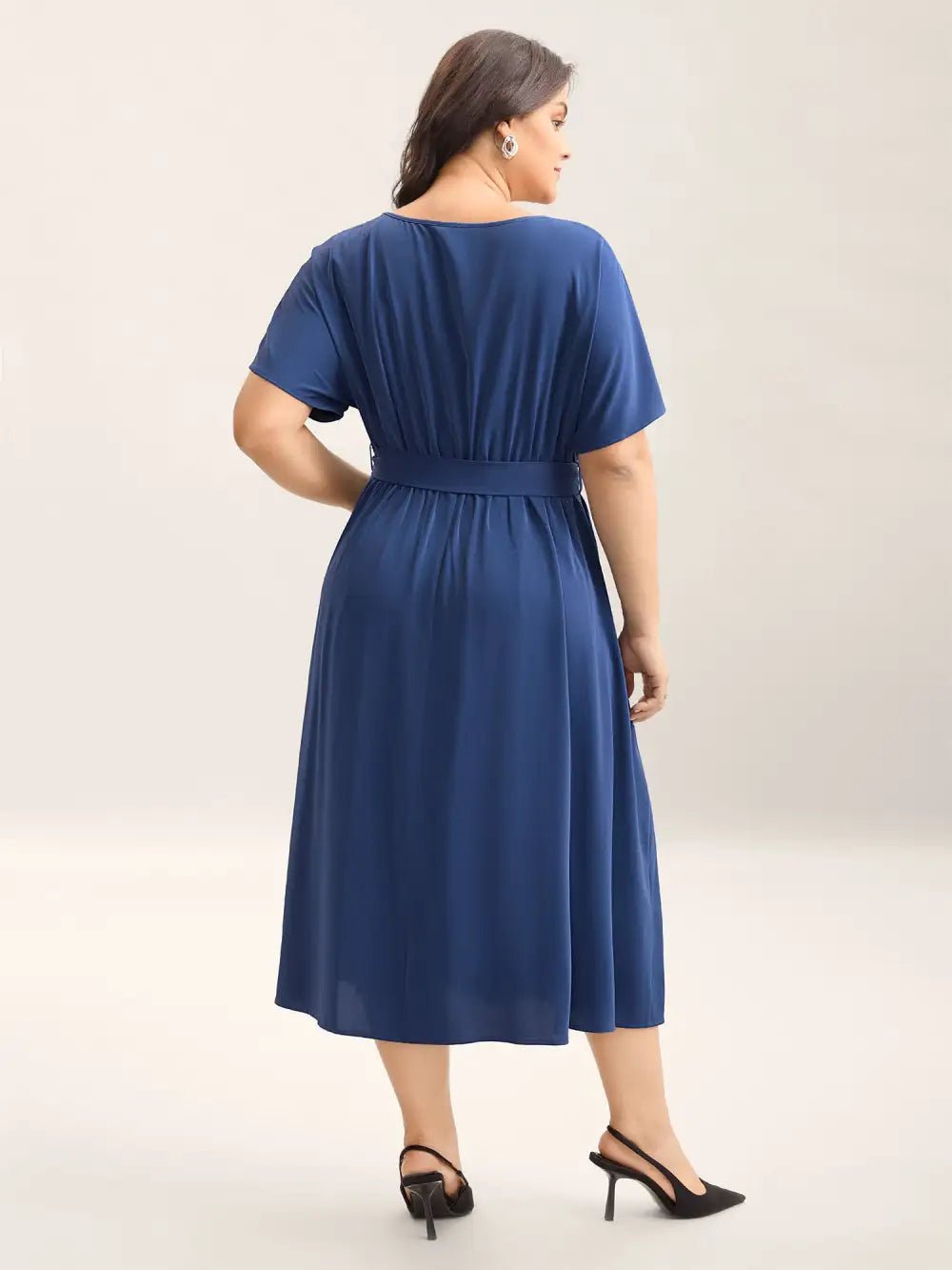 Keyhole Belted Pockets Plain Midi Dress