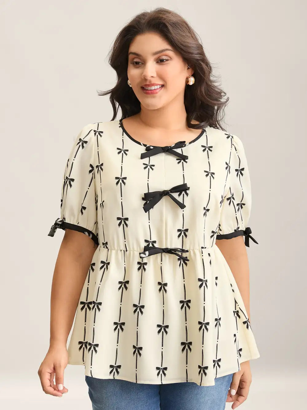 Bow Detail Printed Color Contrast Blouse