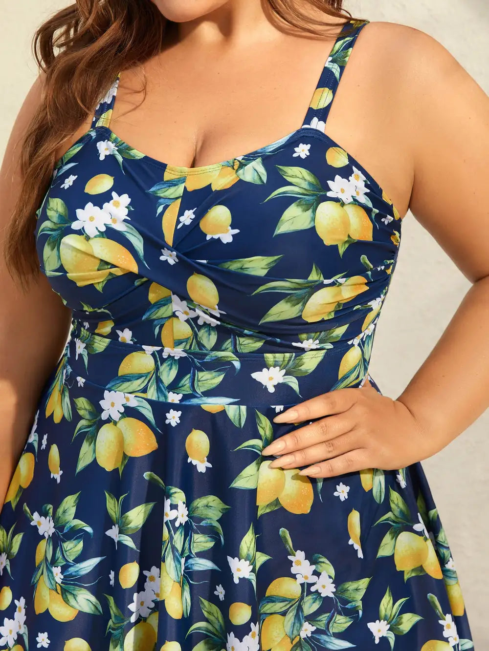 Lemon Print Twist Front Flowy Swim Dress