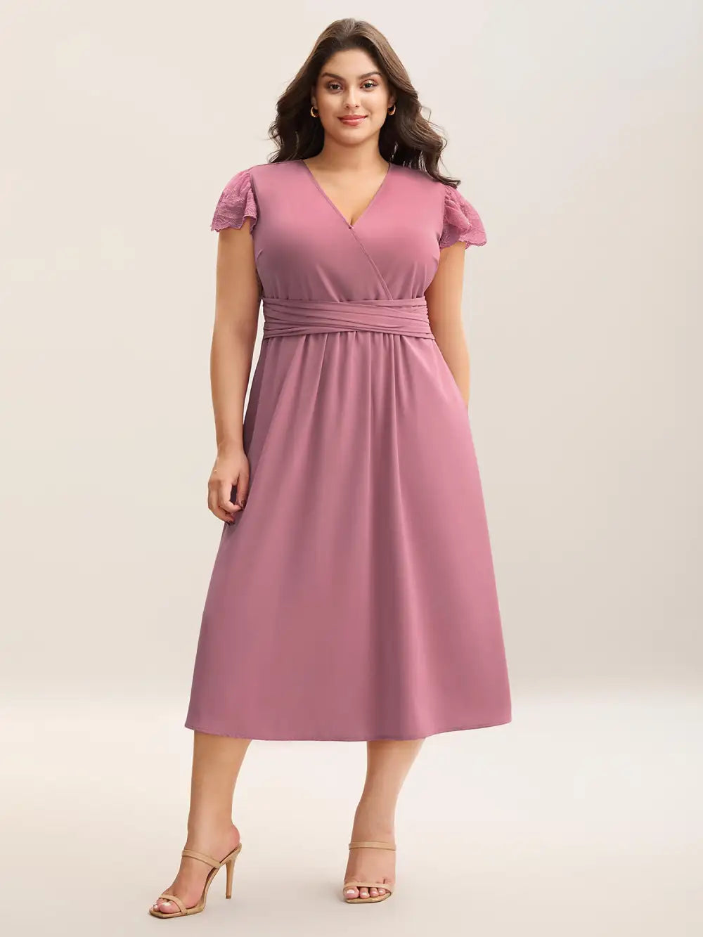 Flutter Sleeve Lace Stretchy Waist Midi Dress