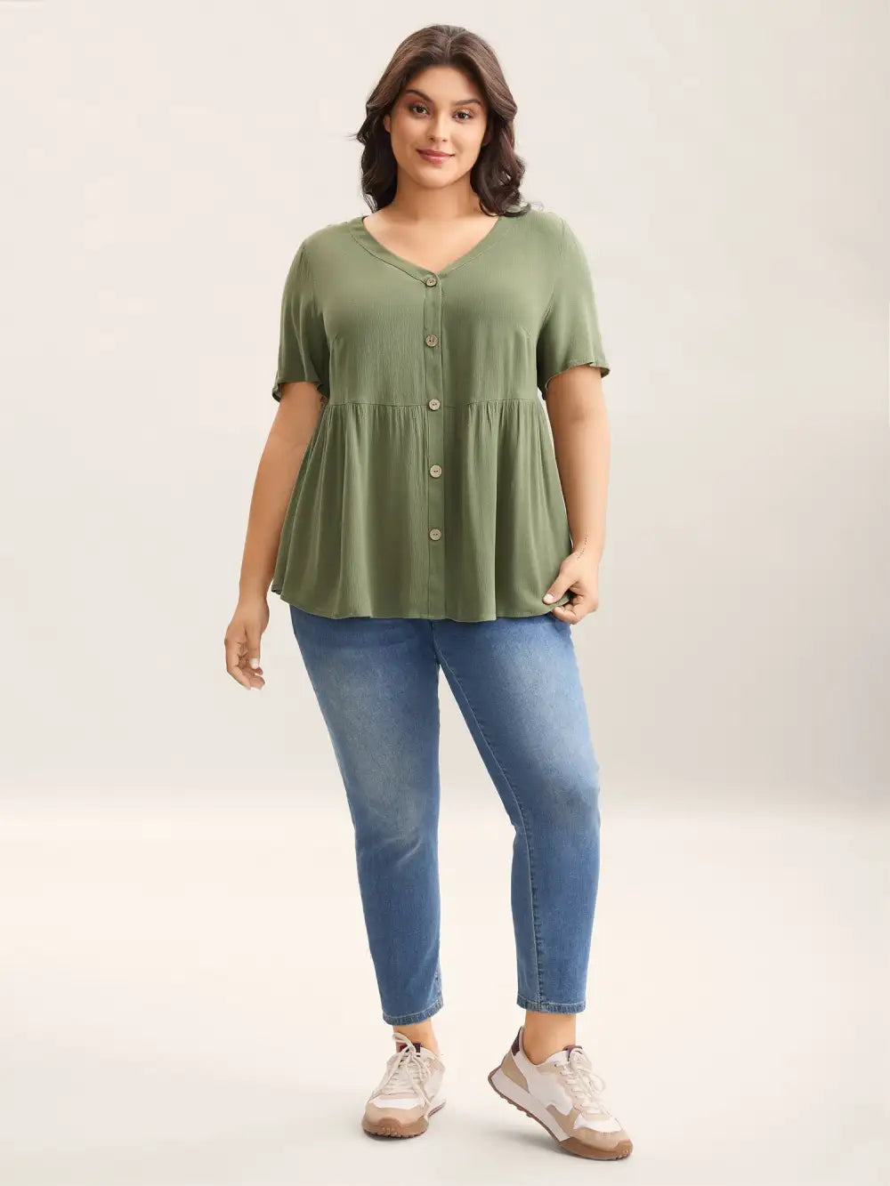 Textured Button Placket V-Neck Shirt