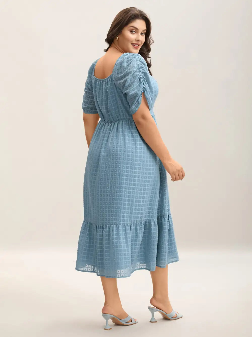 Textured Ruched Sleeve Tiered Midi Dress