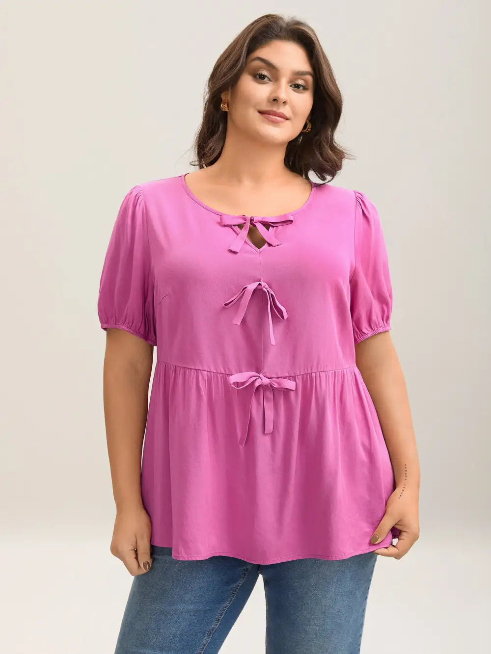 Bow Detail Plain Babydoll Puff Sleeve Shirt