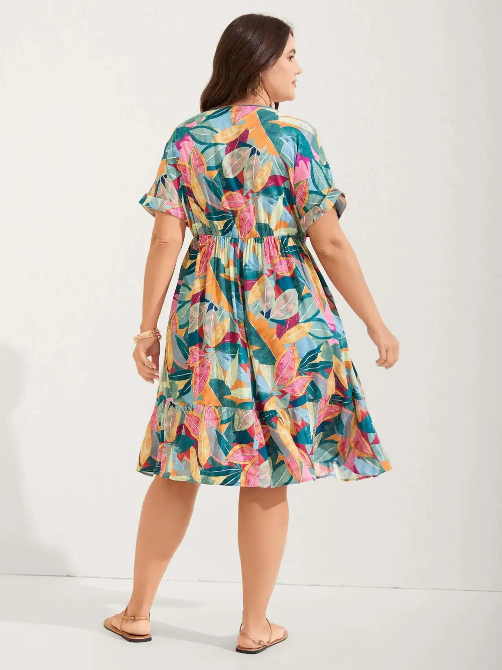 Rayon Leafy Print Pockets Midi Dress