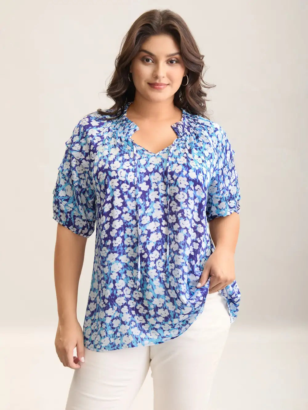 Cloud Print Shirred Collar Tiered Sleeve Blouse