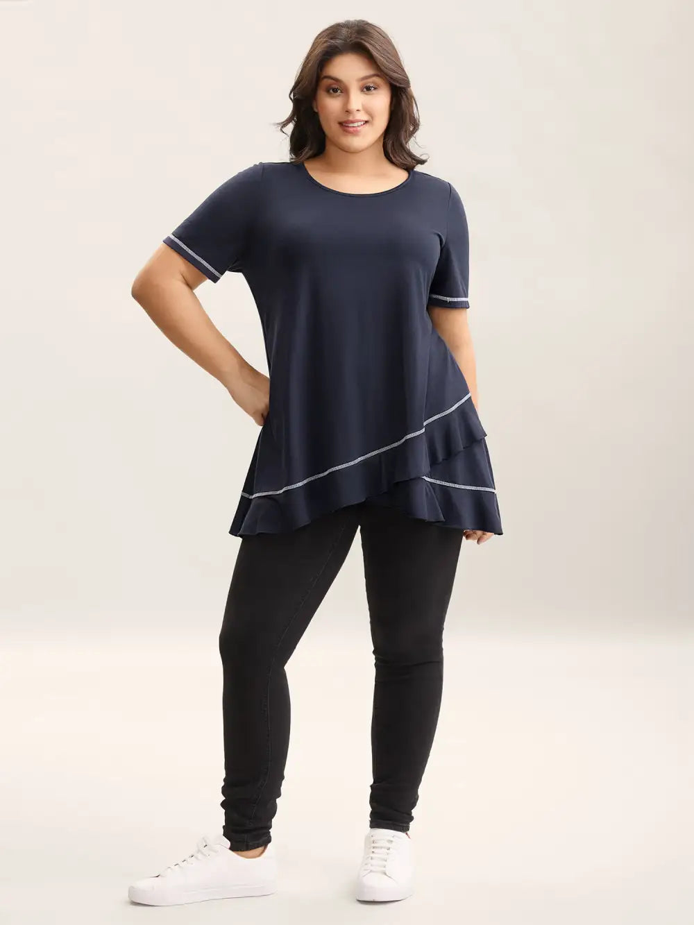 Overlap Hem Round Neck T-Shirt
