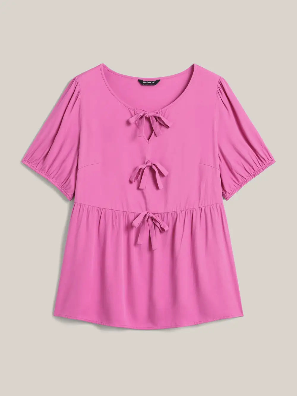 Bow Detail Plain Babydoll Puff Sleeve Shirt