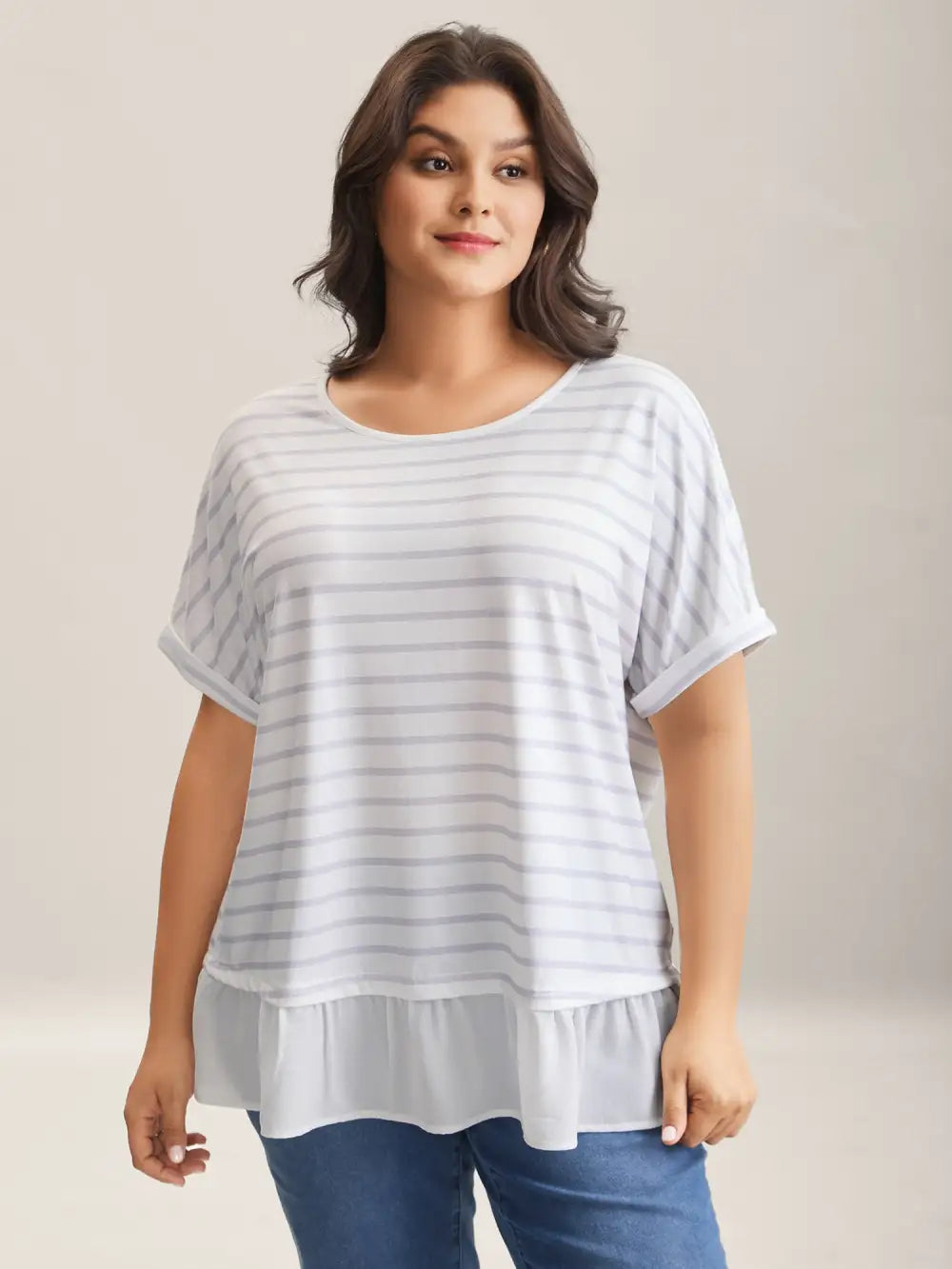 Stretchy Striped Print Round Neck Top