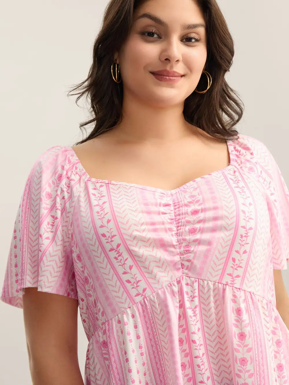 Floral Stripes Pleated Sweetheart Neck Top