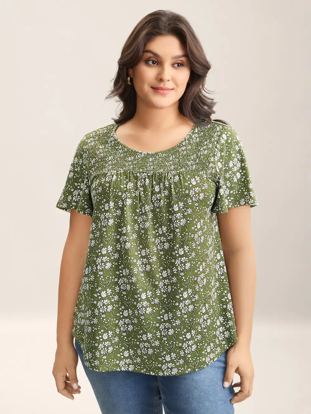 Floral Print Shirred Neck T-Shirt