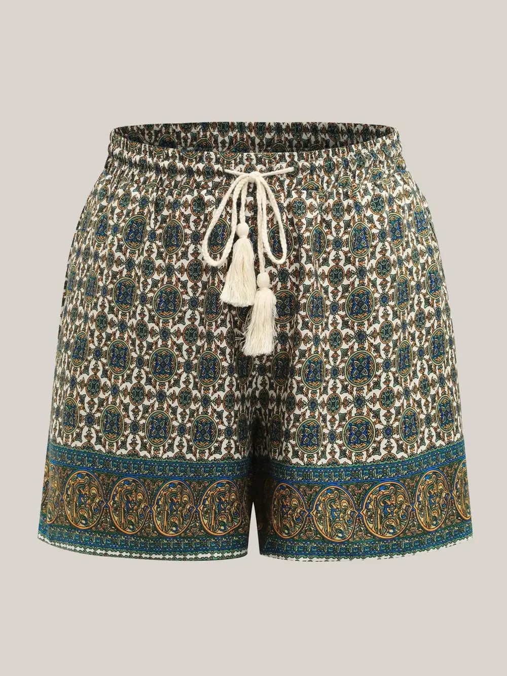 Boho Print Tassel Straight-Leg Shorts