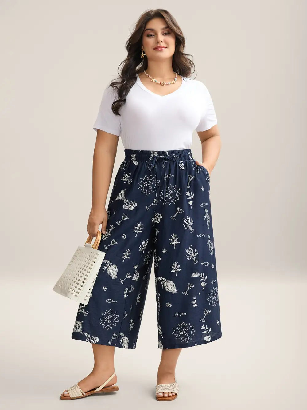 Marine Print Flowy Wide-Leg Pants