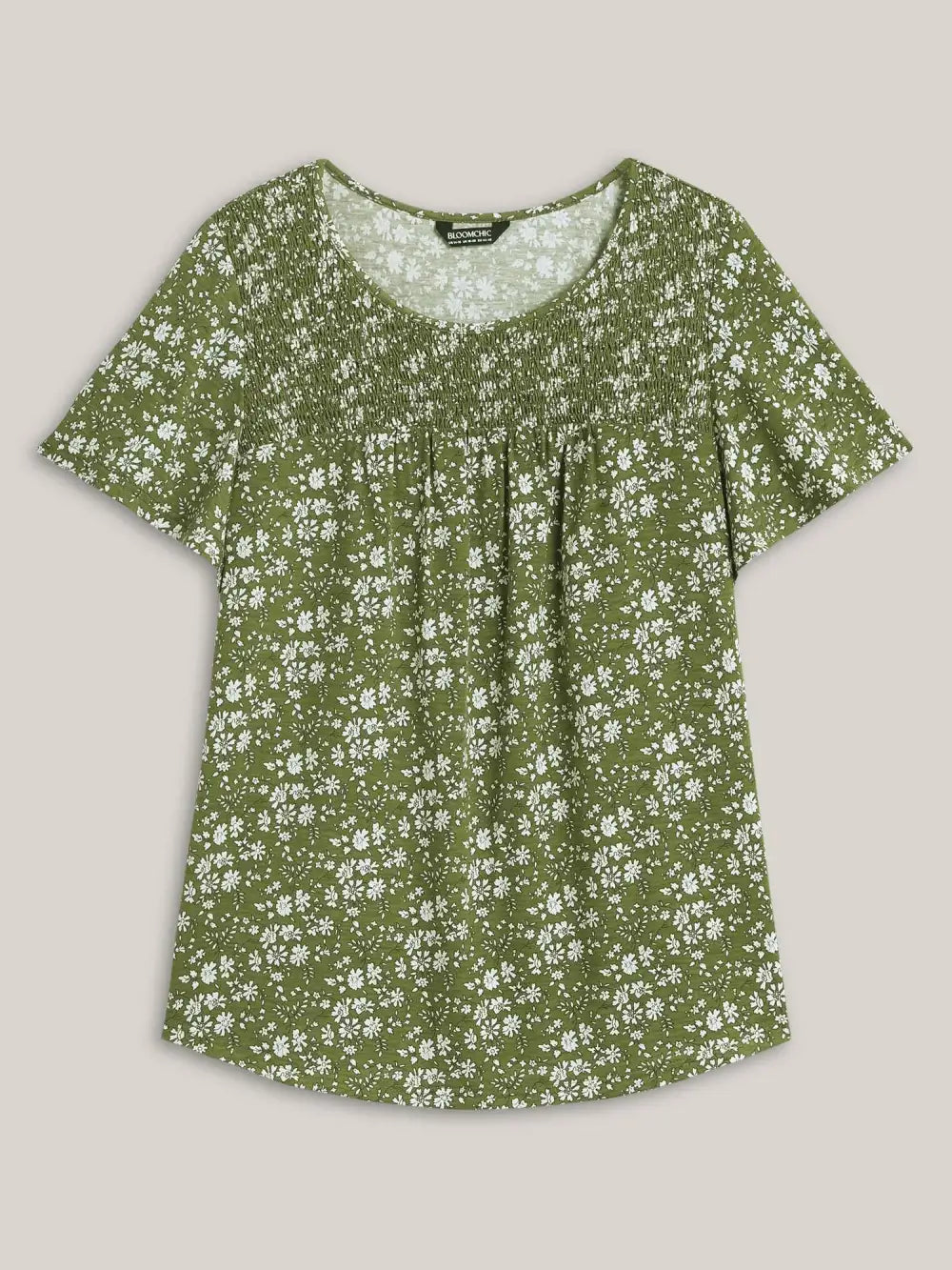 Floral Print Shirred Neck T-Shirt