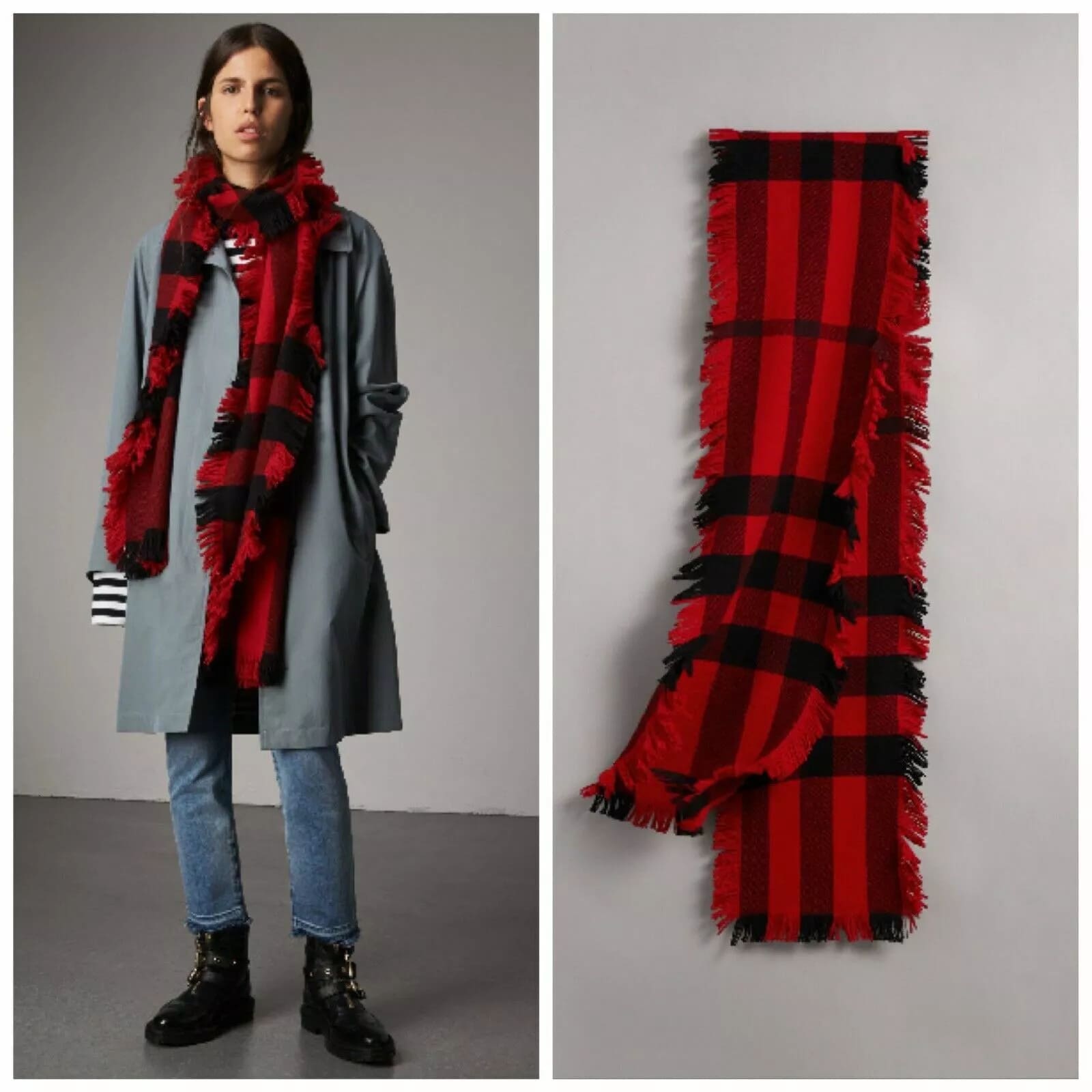 New Burberry   Wool Half Mega Fashion Plaid Check Fringe Scarf