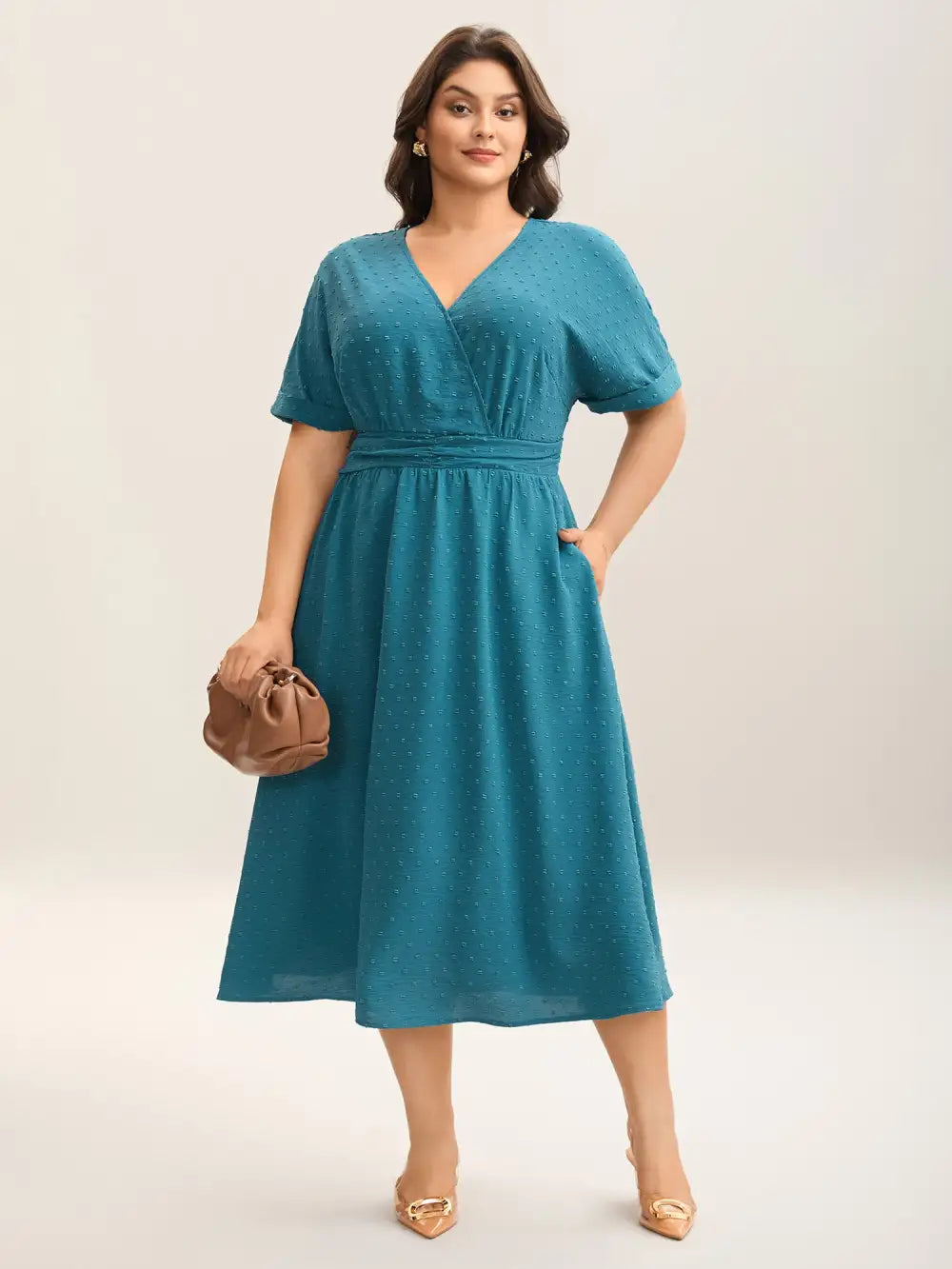 Textured Stretchy Pleated Waist Midi Dress