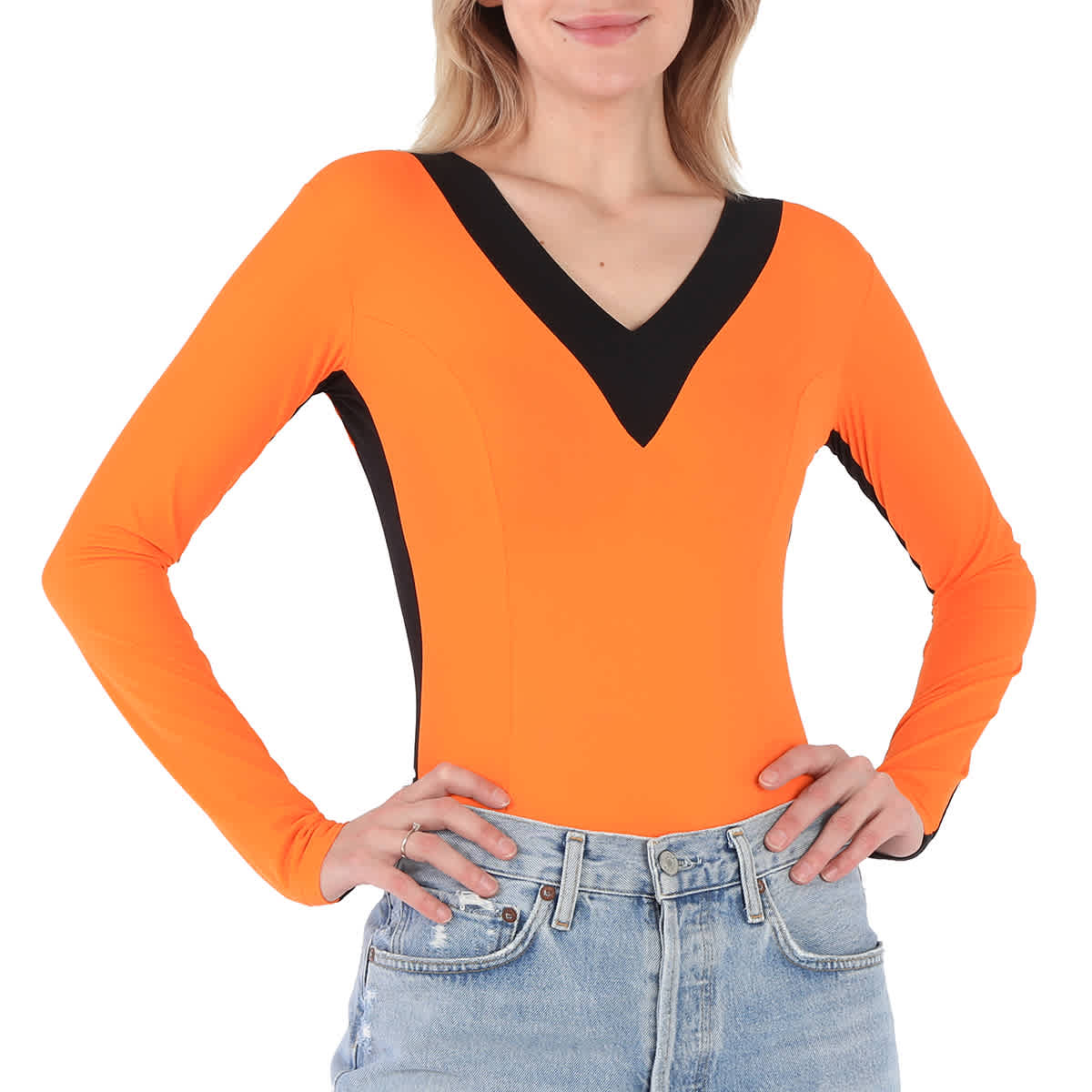 Burberry Bright Orange V-neck Bodysuit