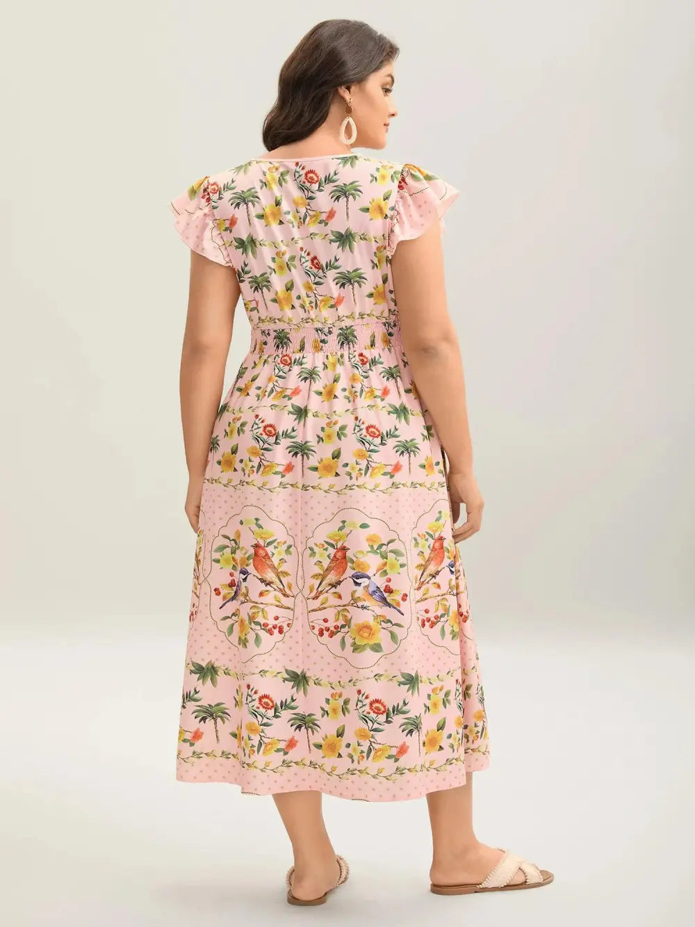Tropical Print Shirred Waist Flutter Maxi Dress