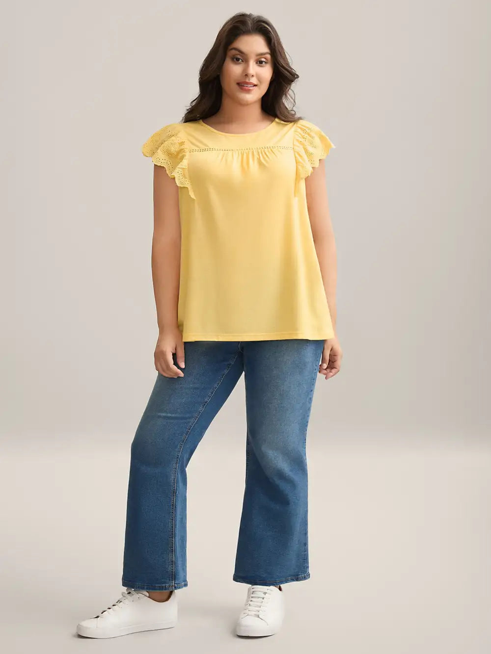Eyelet Trim Plain Flutter Sleeve Top