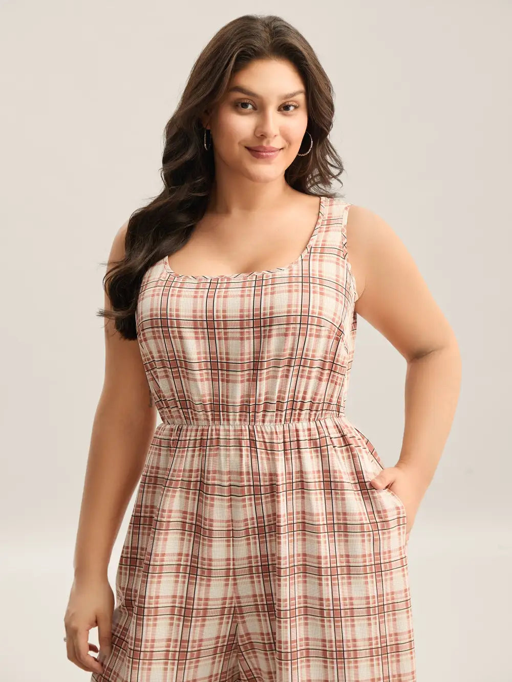 Plaid Pockets Wide-Leg Jumpsuit