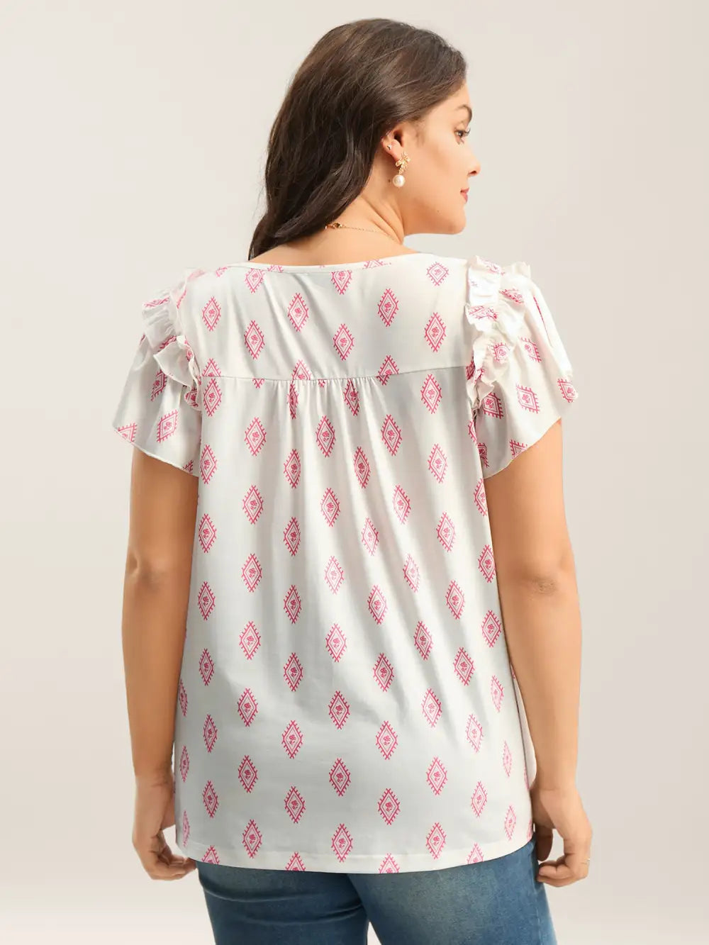 Boho Print Ruffled Sleeve Sheer Top