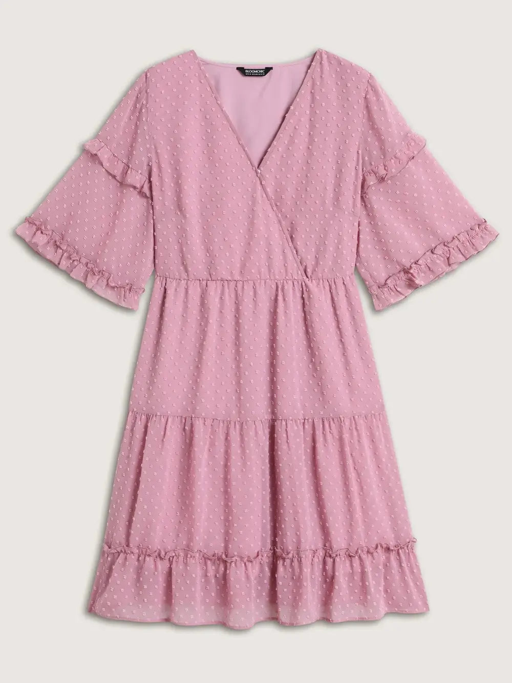 Textured Ruffled Trim Surplice Midi Dress