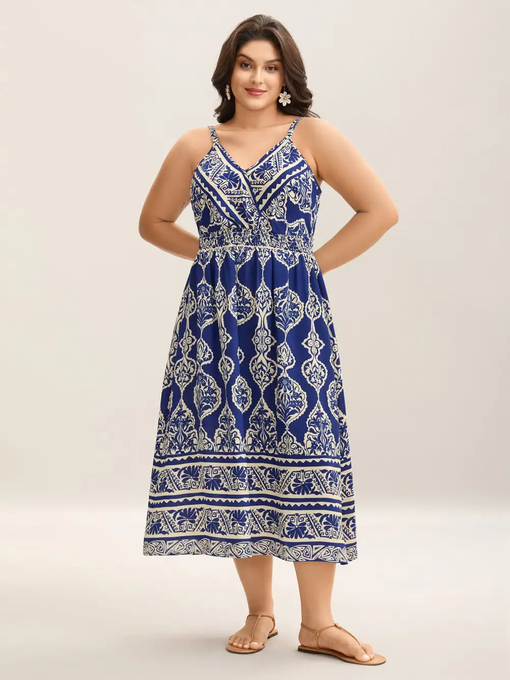 Boho Print Shirred Pockets Midi Dress