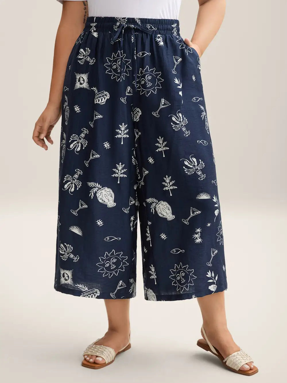 Marine Print Flowy Wide-Leg Pants