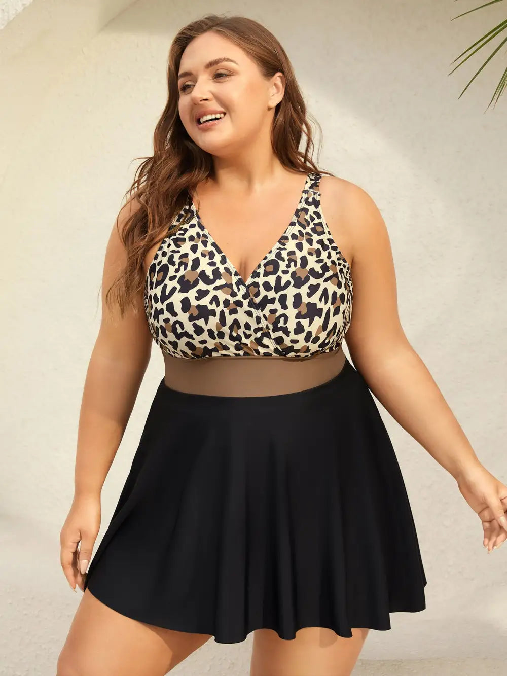 Leopard Print Color Block Swim Dress