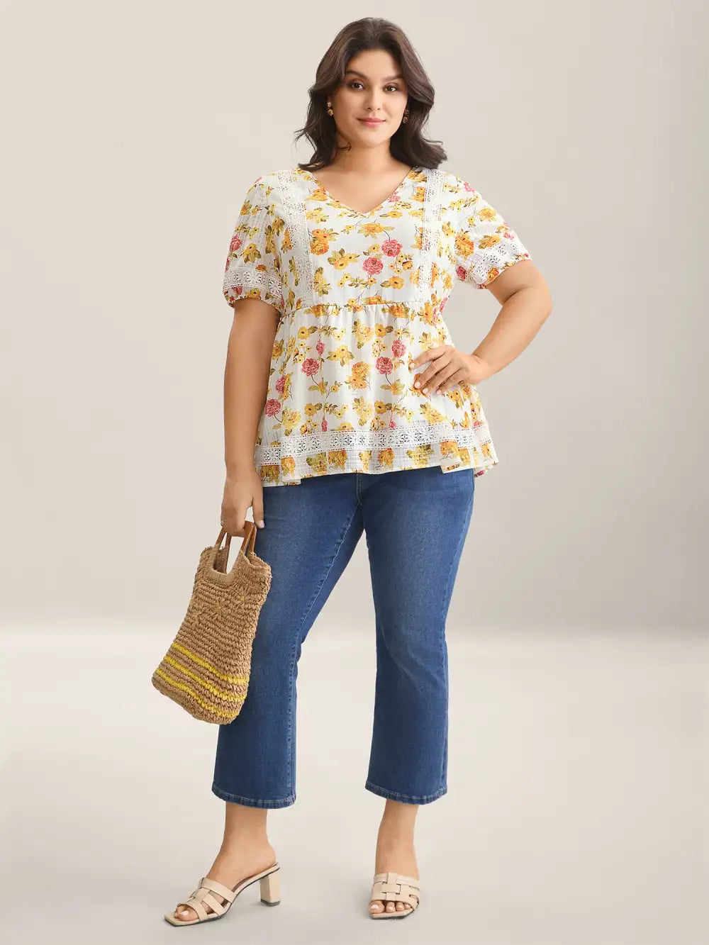 Floral Lace Trim Textured Babydoll Top
