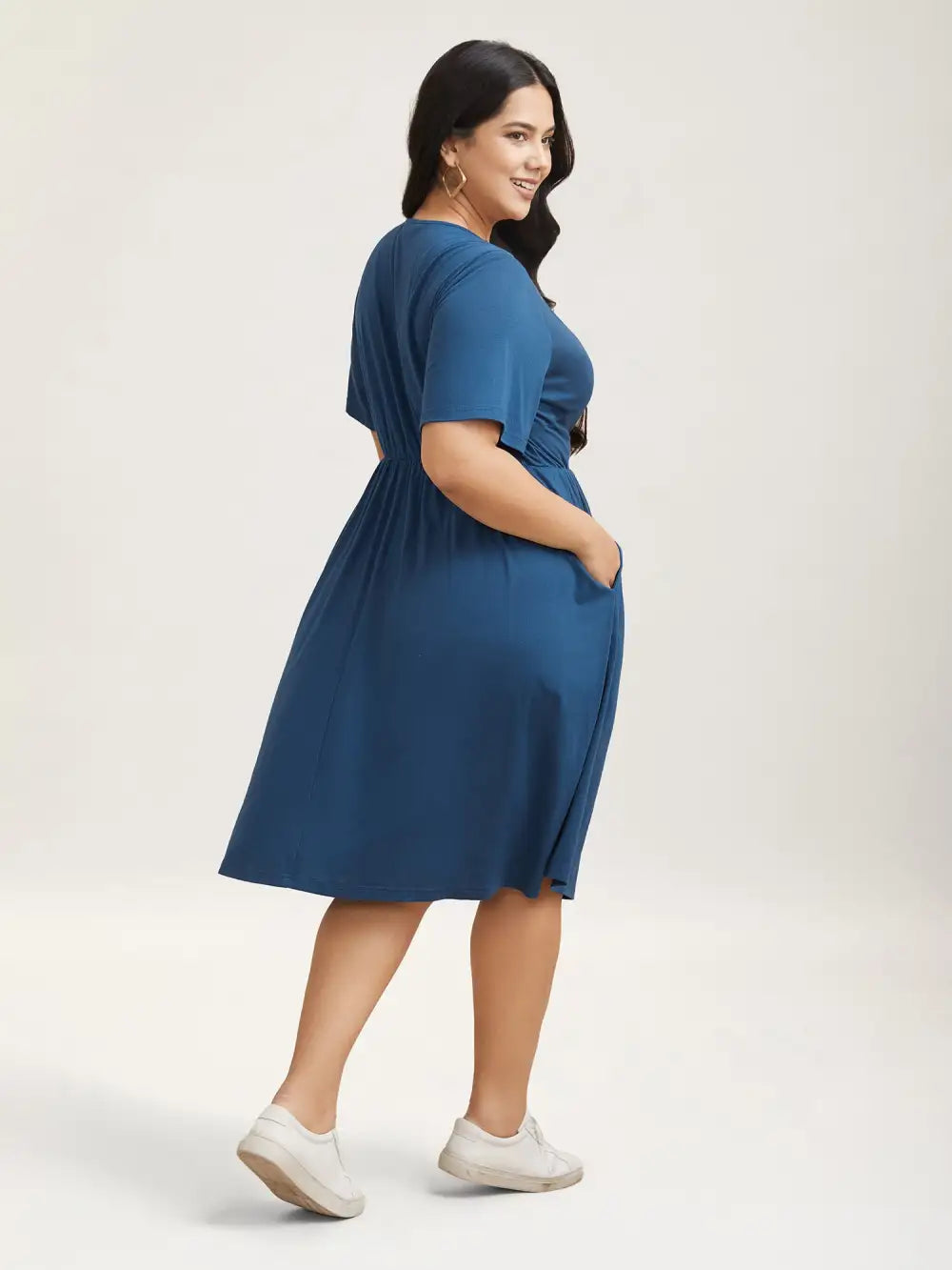 Button Detail Pleated Pockets Midi Dress