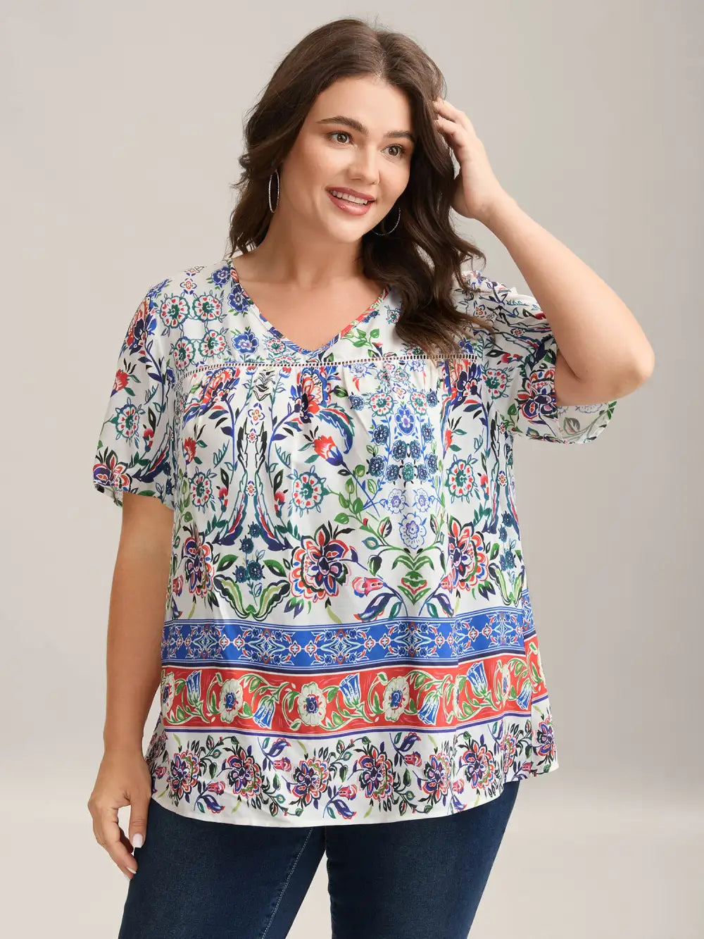 Rayon Floral Boho Print Lace Trim Blouse