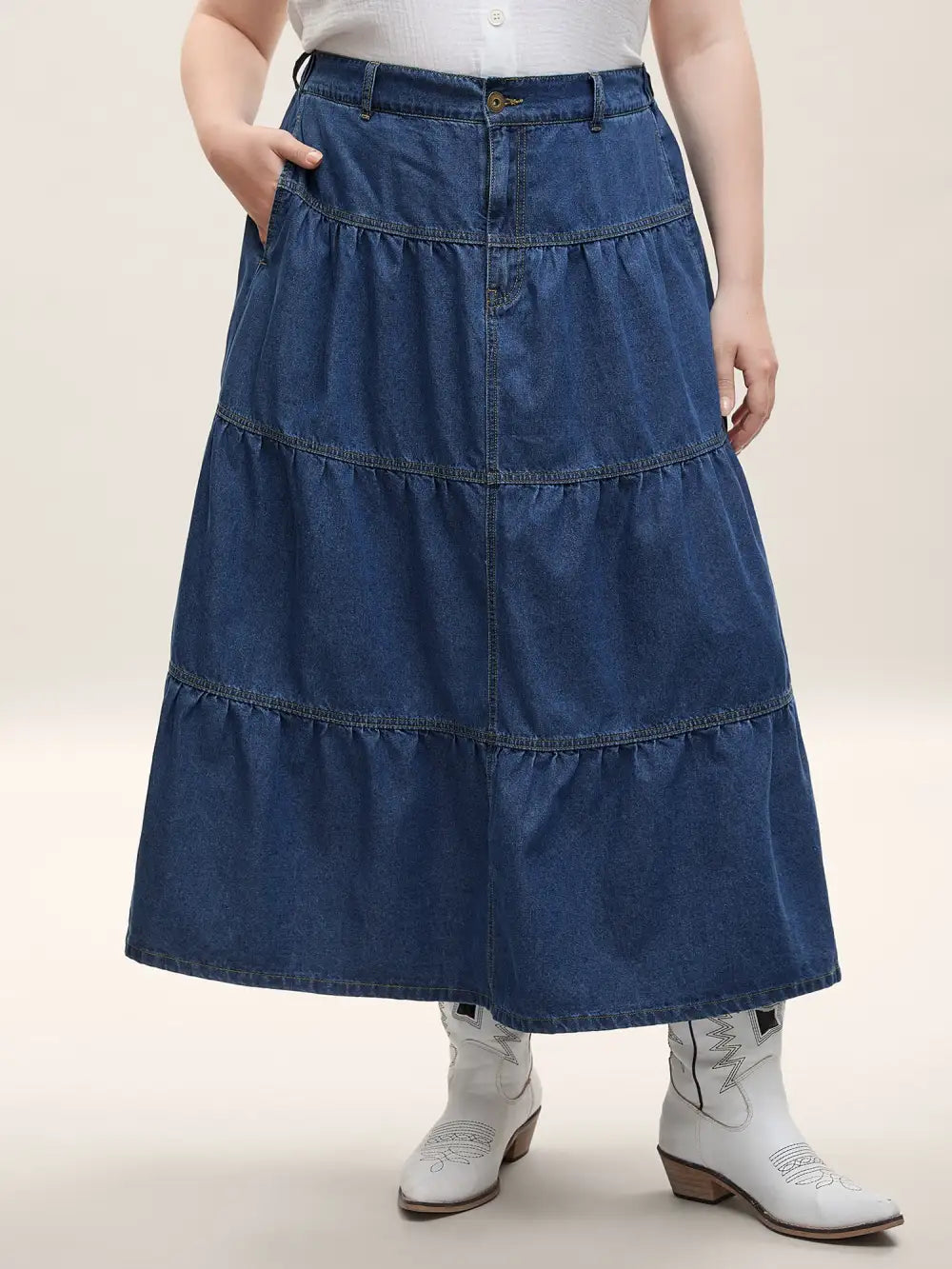 Seamed Tiered A-Line Denim Maxi Skirt