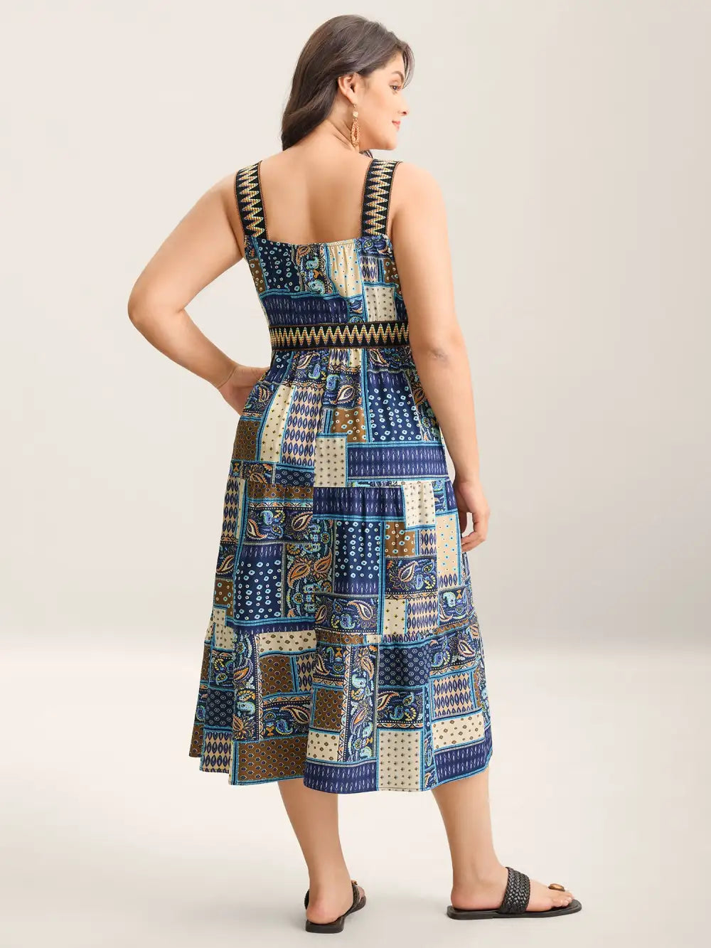 Boho Print Webbed Neck Midi Dress