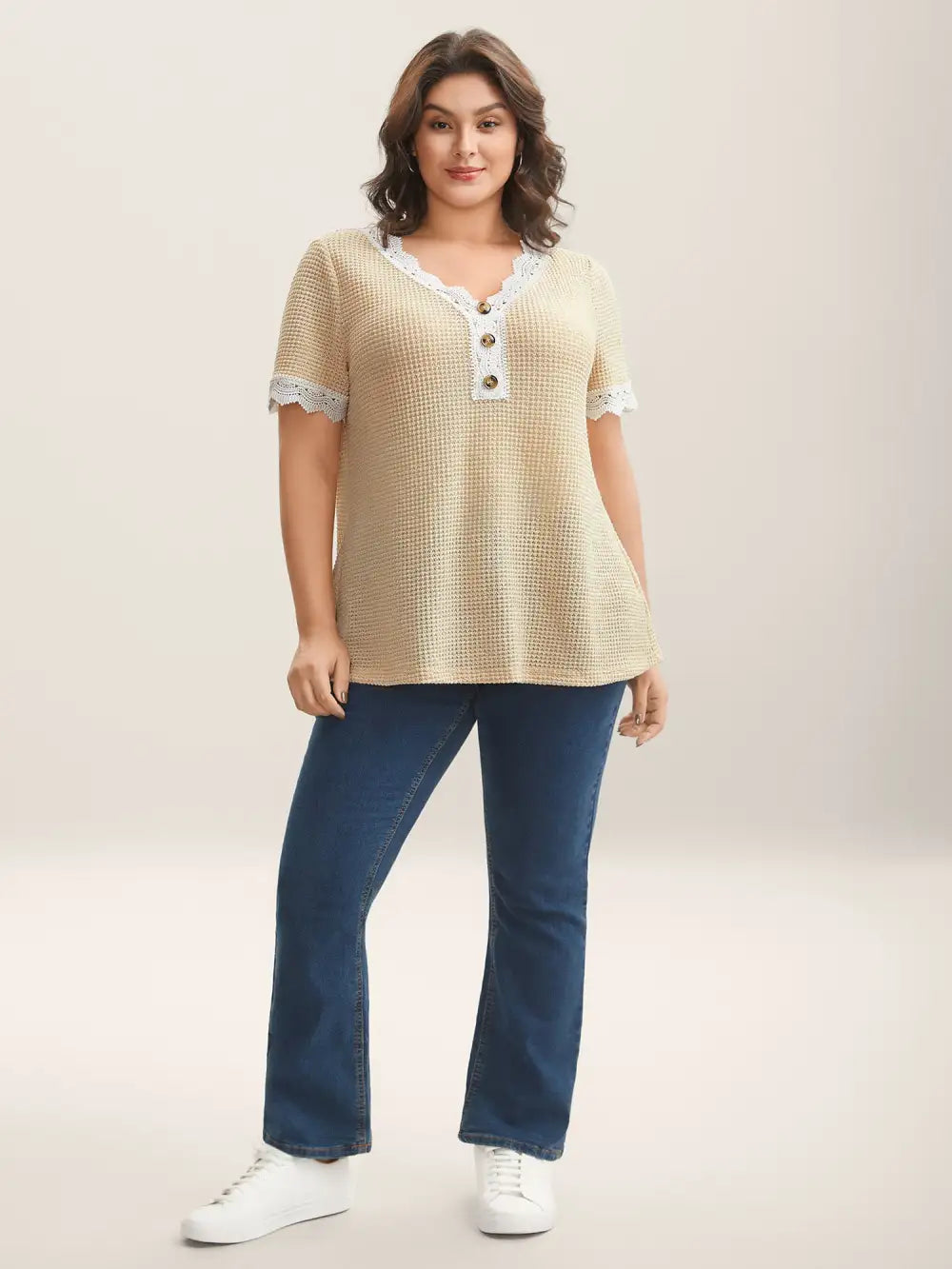 Sheer Waffle Textured Lace Trim T-Shirt