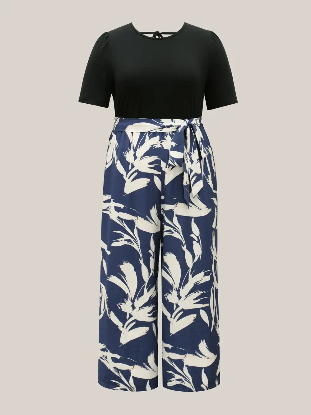Feather Print Contrast Pockets Belted Jumpsuit
