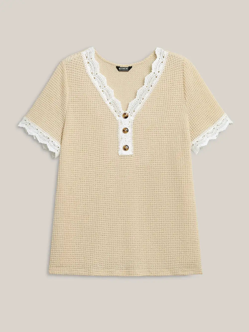 Sheer Waffle Textured Lace Trim T-Shirt